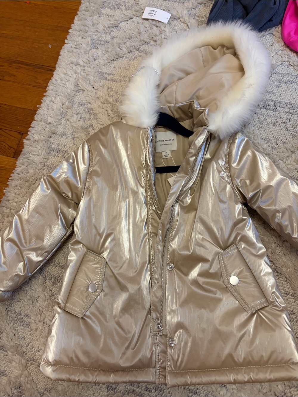 Janie and Jack Metallic Beige Puffer Coat with Faux Fur Trim